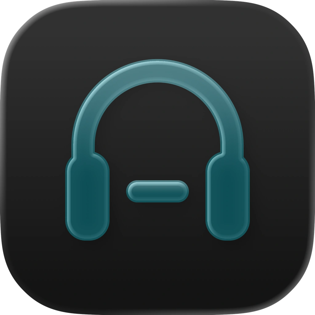 AudioTamer app icon: teal headphones with a minus sign