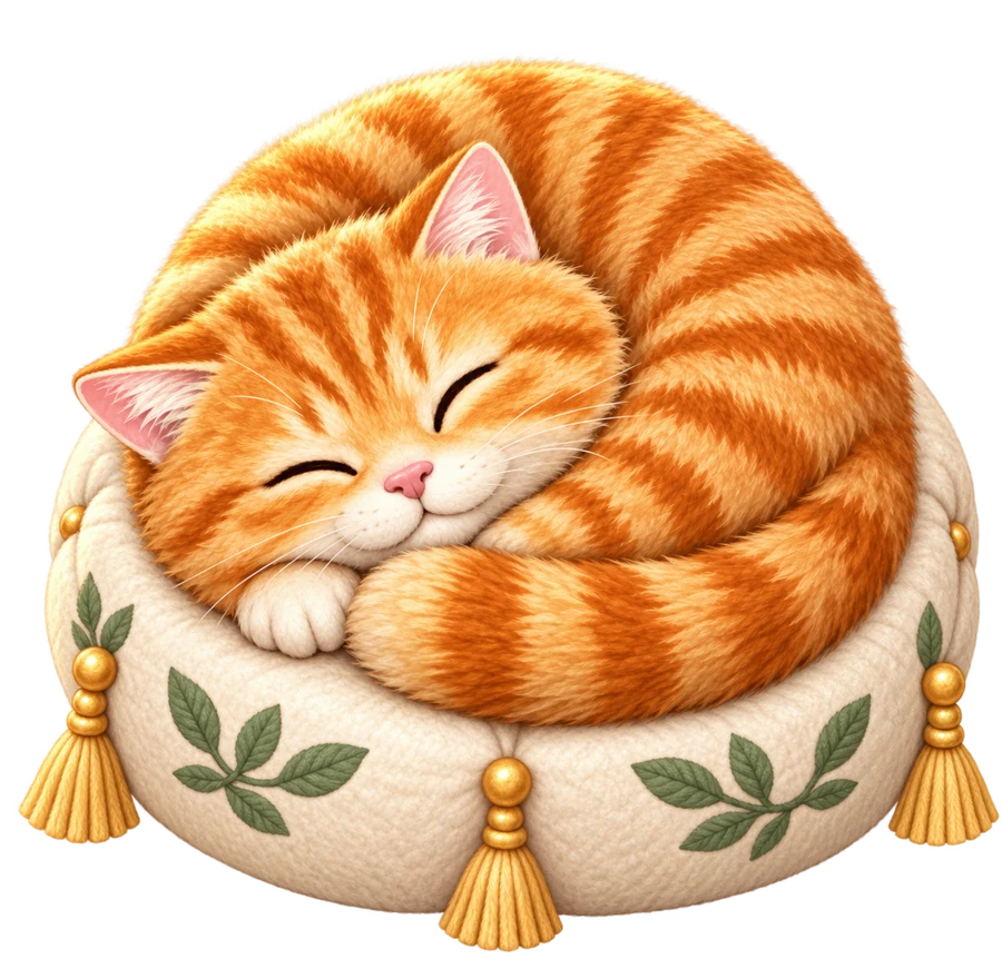 An orange tabby asleep on a tasselled cushion