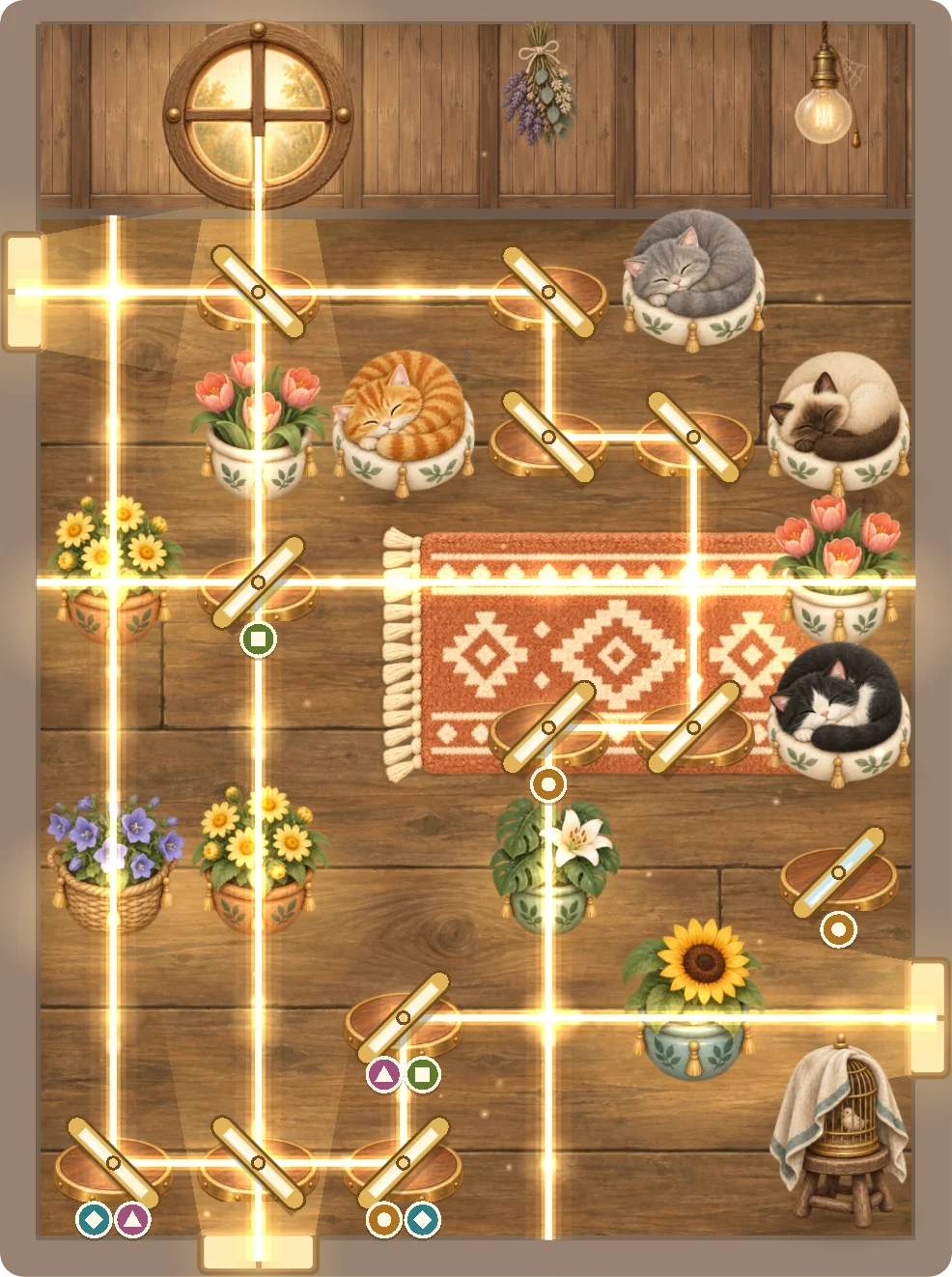 The Attic: a painted room seen from above, with sunbeams bouncing between brass mirrors to flowering plants while cats sleep
