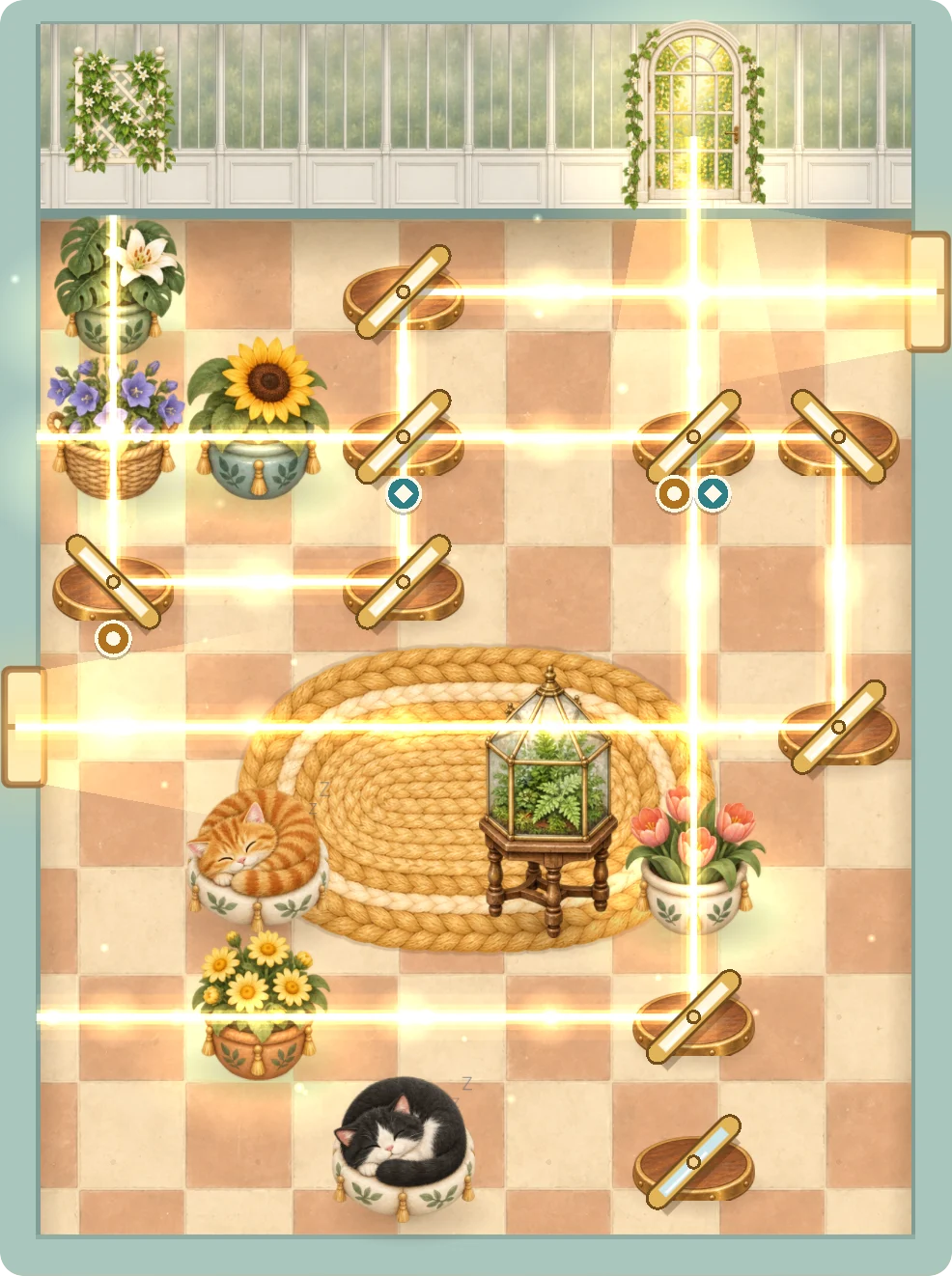 The Conservatory: a painted room seen from above, with sunbeams bouncing between brass mirrors to flowering plants while cats sleep