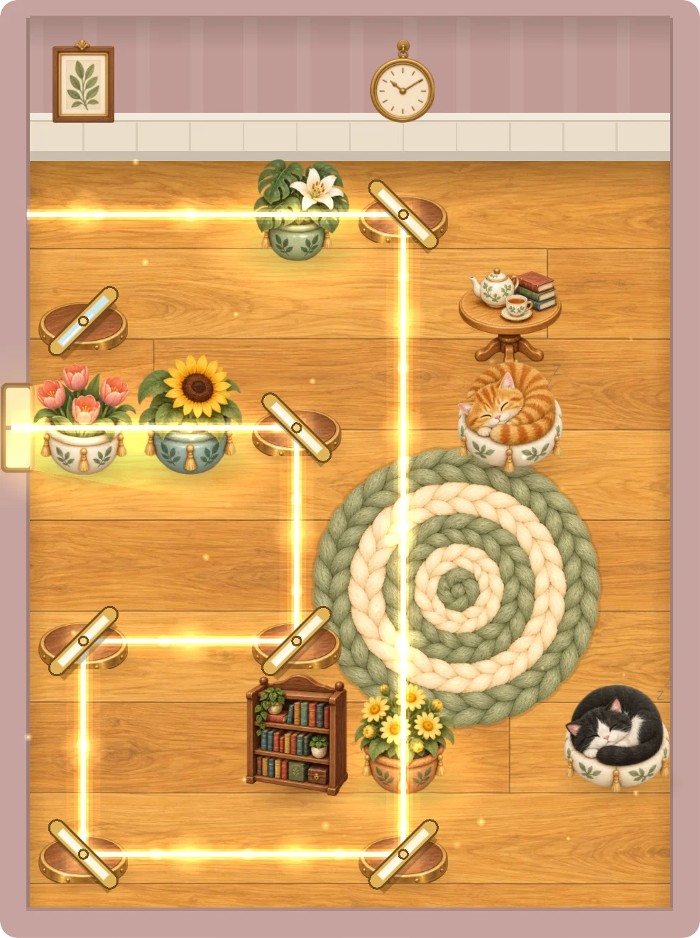 The Quiet Rooms: a painted room seen from above, with sunbeams bouncing between brass mirrors to flowering plants while cats sleep