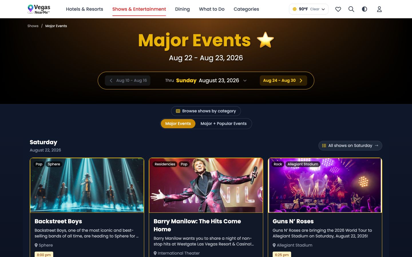 VegasNearMe major events page with week selection, date grouping, category tags, venues, and Las Vegas show listings