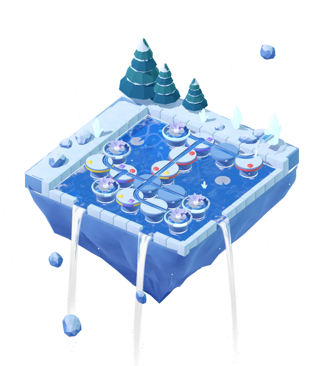 Frostfall: a floating garden island with a pool of carved stones and lotus flowers
