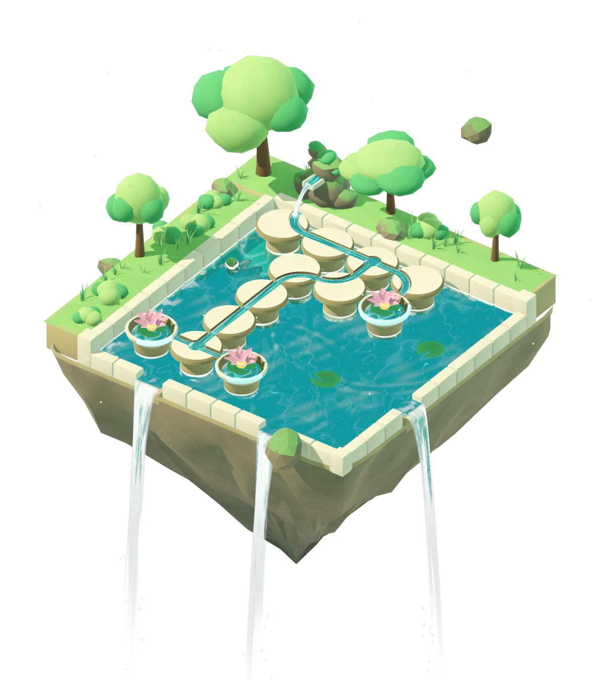 A floating garden: a stream winds across carved stepping stones to three lotus flowers, and waterfalls pour from the pool’s edge