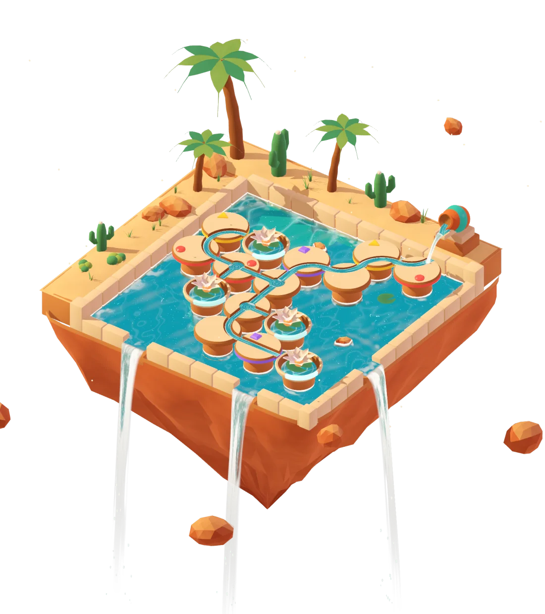 Ember Mesa: a floating garden island with a pool of carved stones and lotus flowers