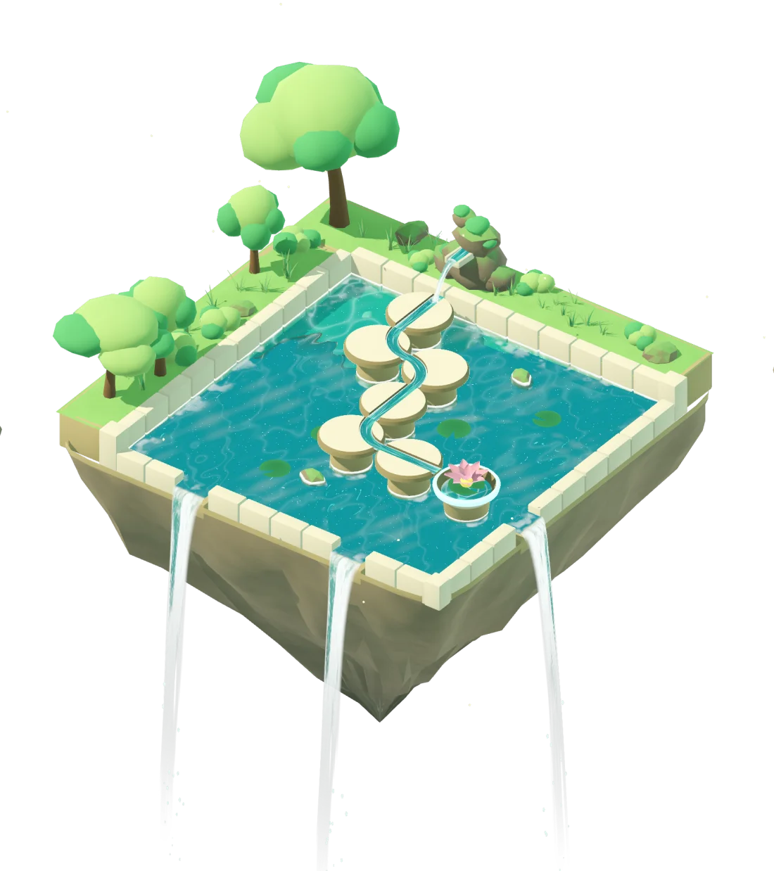Mossgate: a floating garden island with a pool of carved stones and lotus flowers