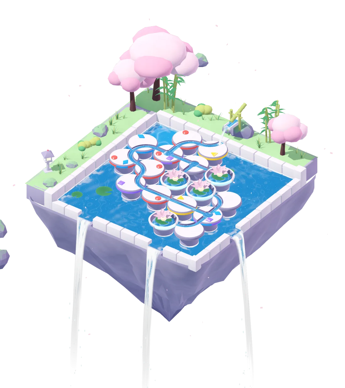 Sakura Terrace: a floating garden island with a pool of carved stones and lotus flowers
