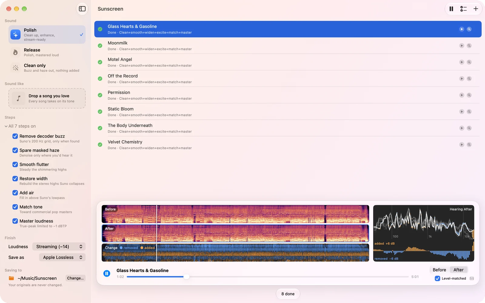 The Sunscreen window: presets and processing options in the sidebar, eight finished songs in the queue, and the player showing before, after and change spectrograms beside a live spectrum.