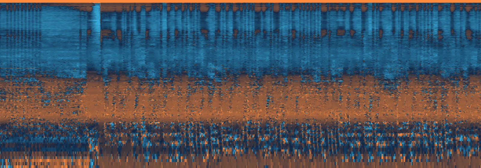 Spectrogram of what Sunscreen changed in the clip: blue bands in the upper mids and highs where haze was removed, orange through the mids and a thin orange strip at the very top where tone and air were added.