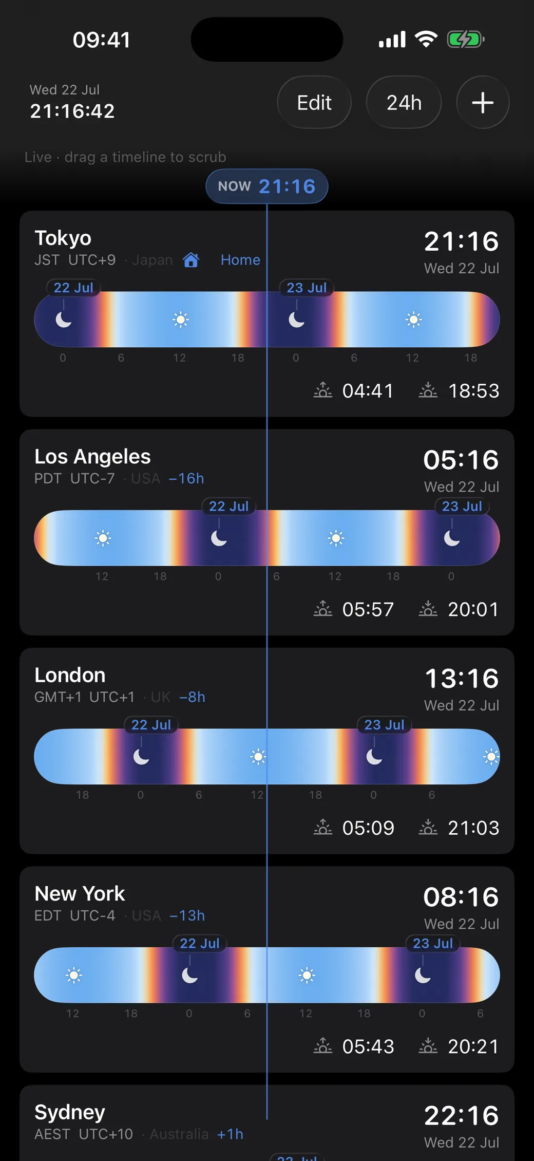 Teezee on iPhone in dark appearance, showing Tokyo, Los Angeles, London, New York, and Sydney