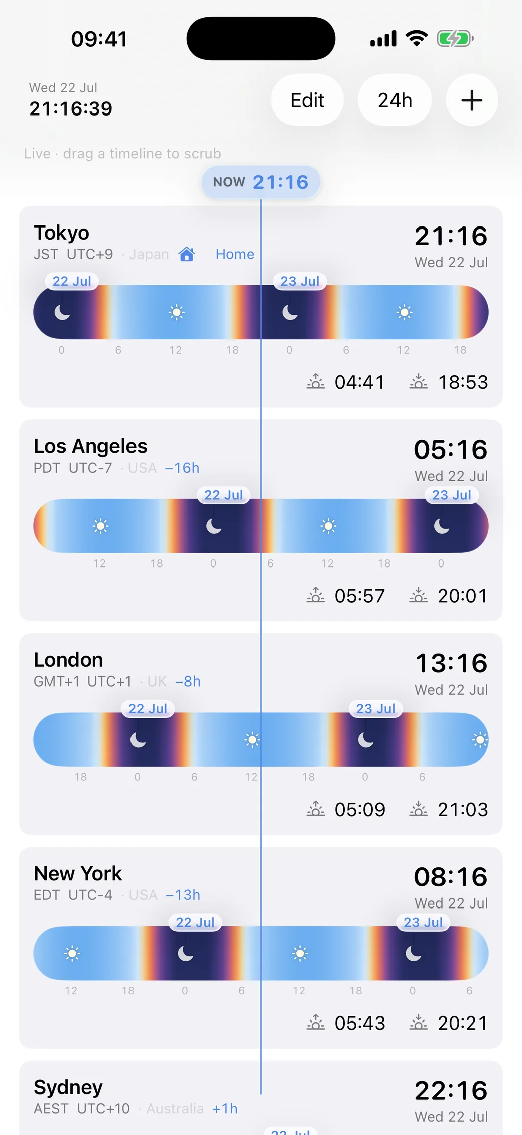 Teezee on iPhone in light appearance, showing Tokyo, Los Angeles, London, New York, and Sydney