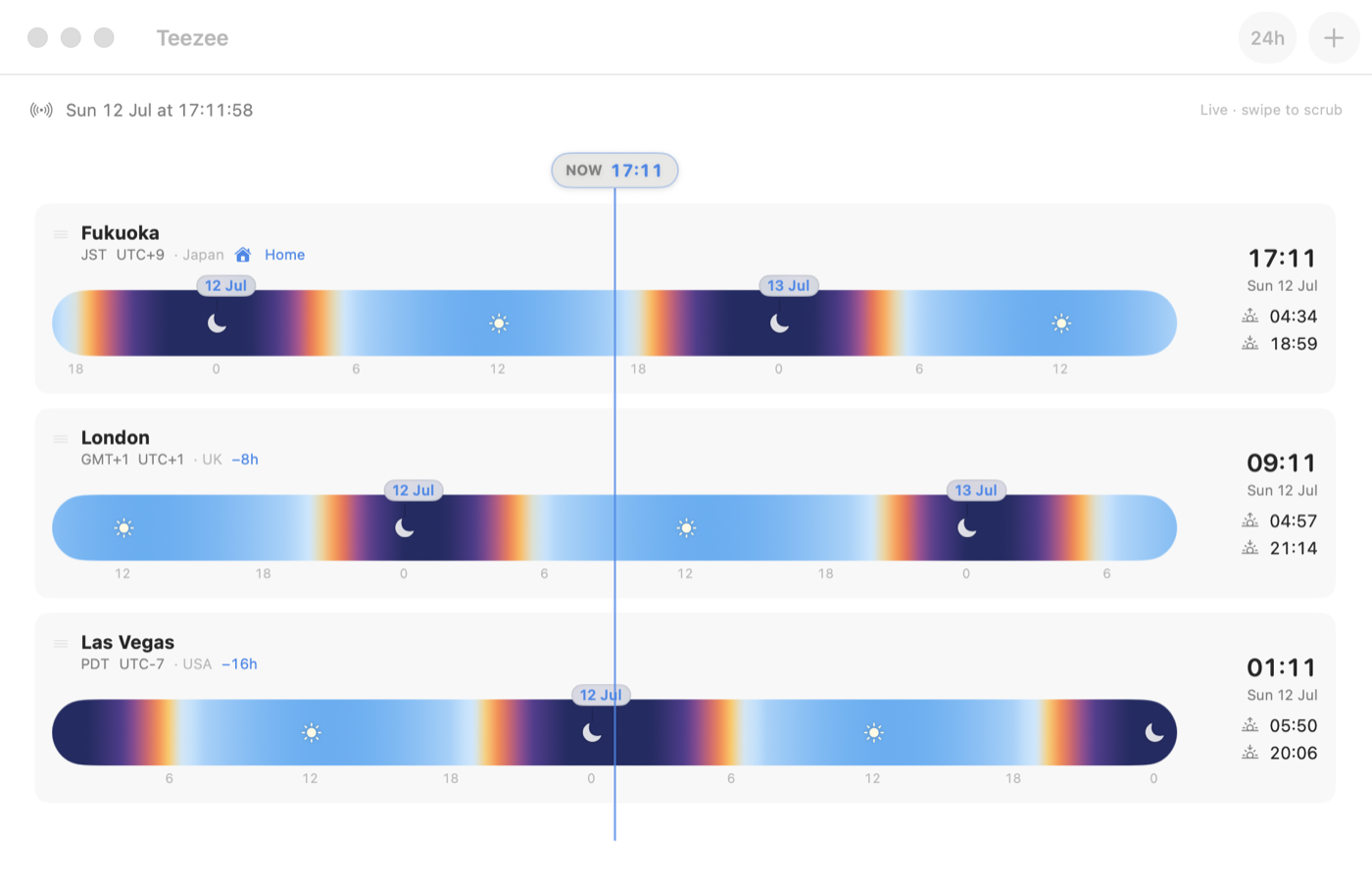 Teezee for Mac showing day and night across multiple cities
