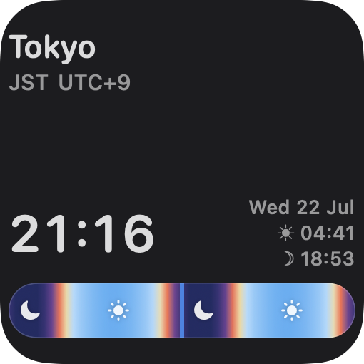 Teezee City Sky widget showing Tokyo’s live time, sunrise, sunset, and sky bar